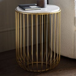 Asa Antique Gold Brass Wire Metal Side End Table With White Marble Top