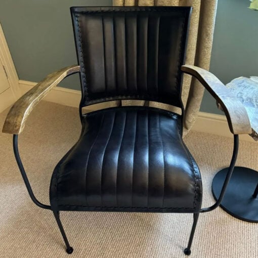 Black Genuine Leather And Black Metal Industrial Armchair Accent Chair