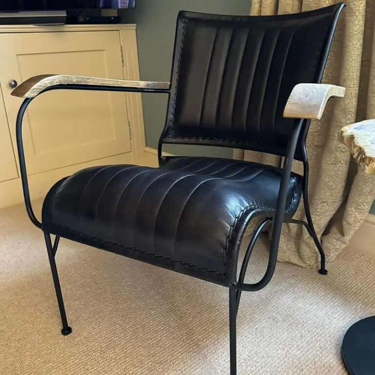 Black Genuine Leather And Black Metal Industrial Armchair Accent Chair ...