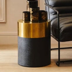 Black Shagreen Leather And Gold Metal Footstool Side Table