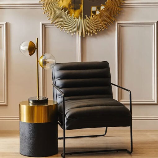 Black Shagreen Leather And Gold Metal Footstool Side Table