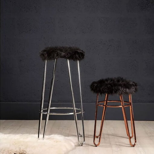 Boho Rose Gold Metal And Black Faux Fur Stool Footstool