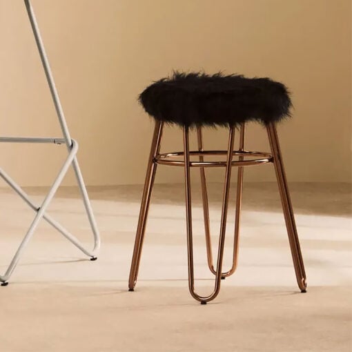 Boho Rose Gold Metal And Black Faux Fur Stool Footstool