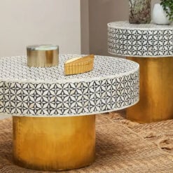 Boho White Bone Inlay And Black Wood Coffee Table With Gold Metal Base