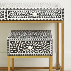 Boho White Bone Inlay And Black Wood Console Table With Gold Metal Legs