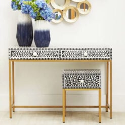 Boho White Bone Inlay And Black Wood Console Table With Gold Metal Legs