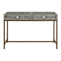 Boho White Bone Inlay And Black Wood Console Table With Gold Metal Legs