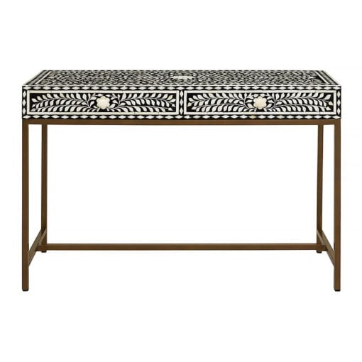 Boho White Bone Inlay And Black Wood Console Table With Gold Metal Legs