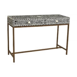 Boho White Bone Inlay And Black Wood Console Table With Gold Metal Legs