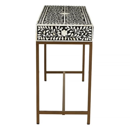 Boho White Bone Inlay And Black Wood Console Table With Gold Metal Legs