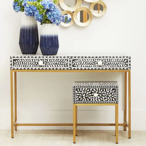 Boho White Bone Inlay And Black Wood Console Table With Gold Metal Legs