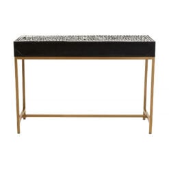 Boho White Bone Inlay And Black Wood Console Table With Gold Metal Legs