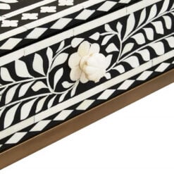 Boho White Bone Inlay And Black Wood Console Table With Gold Metal Legs