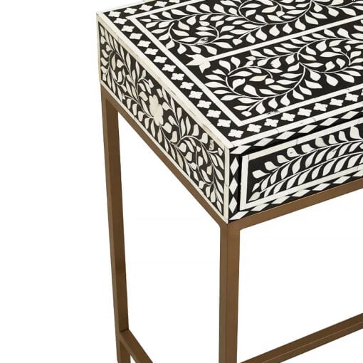 Boho White Bone Inlay And Black Wood Console Table With Gold Metal Legs