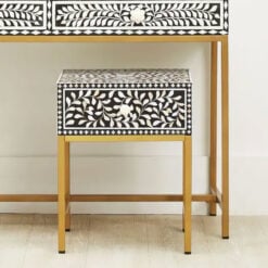 Boho White Bone Inlay And Black Wood Side Bedside Table With Gold Legs