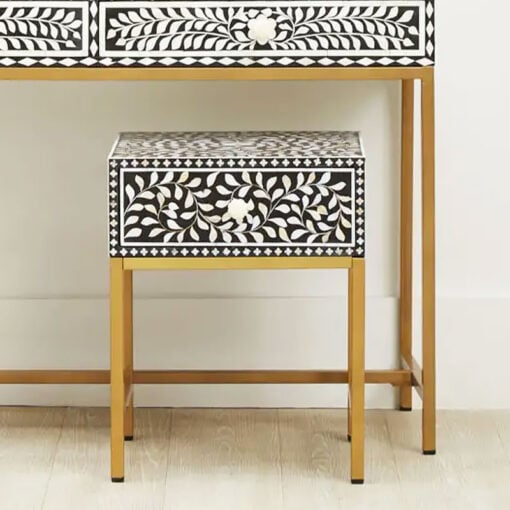 Boho White Pearl Inlay And Black Wood Side Bedside Table With Gold Legs