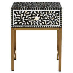 Boho White Bone Inlay And Black Wood Side Bedside Table With Gold Legs