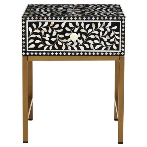 Boho White Pearl Inlay And Black Wood Side Bedside Table With Gold Legs