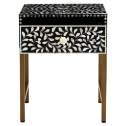 Boho White Bone Inlay And Black Wood Side Bedside Table With Gold Legs