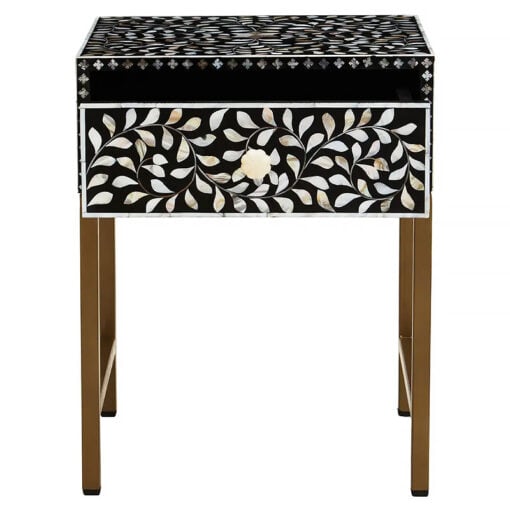 Boho White Pearl Inlay And Black Wood Side Bedside Table With Gold Legs