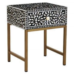 Boho White Bone Inlay And Black Wood Side Bedside Table With Gold Legs