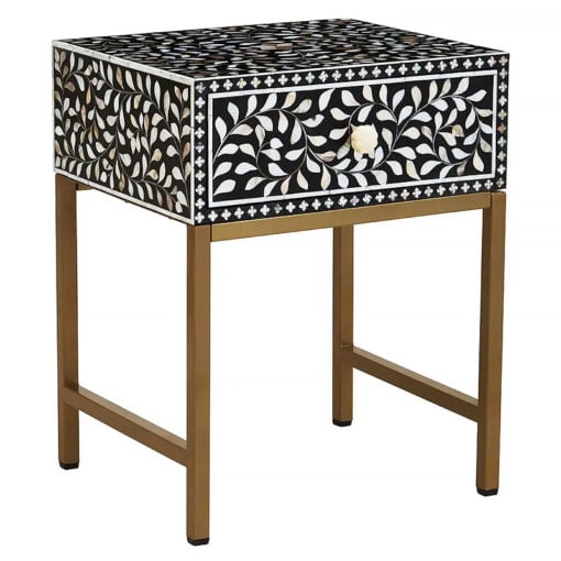 Boho White Pearl Inlay And Black Wood Side Bedside Table With Gold Legs