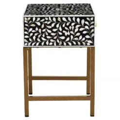 Boho White Bone Inlay And Black Wood Side Bedside Table With Gold Legs