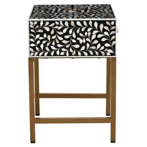 Boho White Pearl Inlay And Black Wood Side Bedside Table With Gold Legs