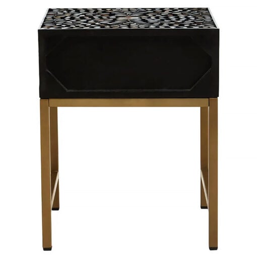 Boho White Pearl Inlay And Black Wood Side Bedside Table With Gold Legs