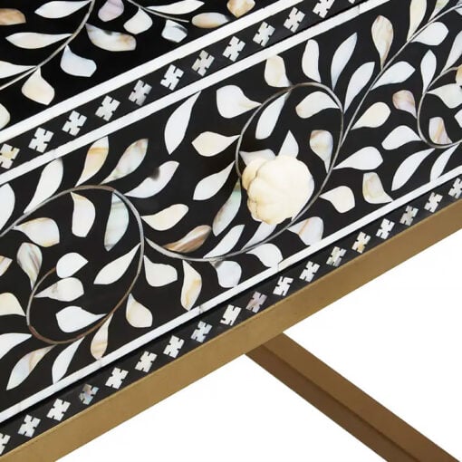 Boho White Pearl Inlay And Black Wood Side Bedside Table With Gold Legs