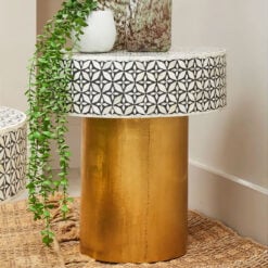 Boho White Bone Inlay And Black Wood Side Table With Gold Metal Base