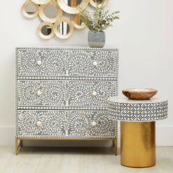 Boho White Bone Inlay And Grey Wood Chest Of Drawers With Gold Legs