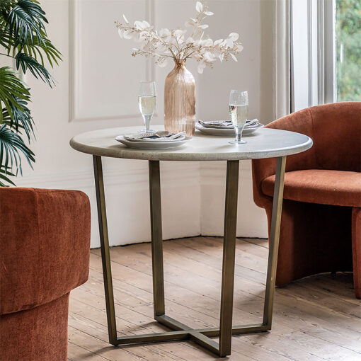 Bronzed Brass Antique Gold Metal Dining Table With Faux Travertine Top