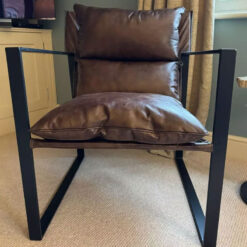 Brown Genuine Leather And Black Metal Padded Industrial Armchair Accent Chair