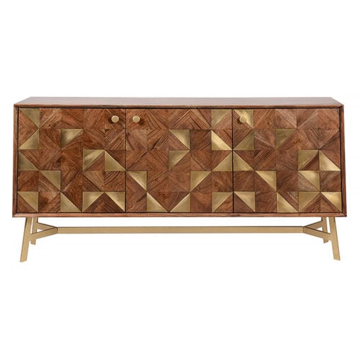 Capri Acacia Wood And Gold Brass Metal Art Deco Boho 3 Door Sideboard