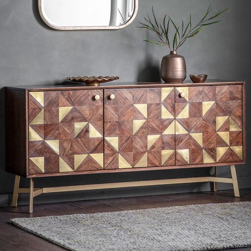 Capri Acacia Wood And Gold Brass Metal Art Deco Boho 3 Door Sideboard