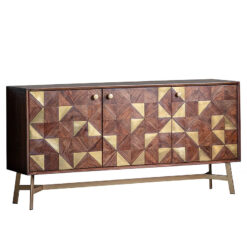 Capri Acacia Wood And Gold Brass Metal Art Deco Boho 3 Door Sideboard