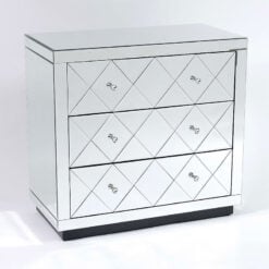 Dawn Mirrored Glass Diamond 3 Drawer Chest Of Drawers Cabinet