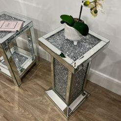 Diamond Crush Mirrored Glass Column Pedestal Side Table End Table