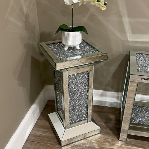 Diamond Crush Mirrored Glass Column Pedestal Side Table End Table