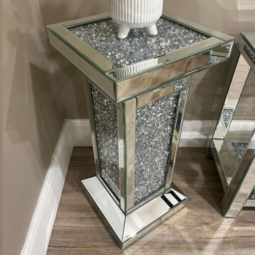 Diamond Crush Mirrored Glass Column Pedestal Side Table End Table