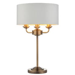 Etta White Fabric And Antique Gold Brass 3 Light Table Lamp