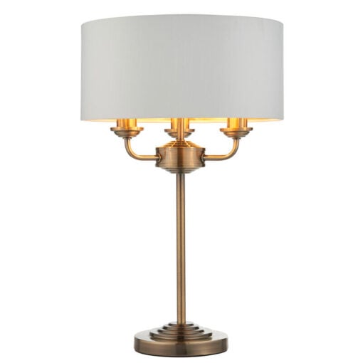 Etta White Fabric And Antique Gold Brass 3 Light Table Lamp