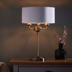 Etta White Fabric And Antique Gold Brass 3 Light Table Lamp