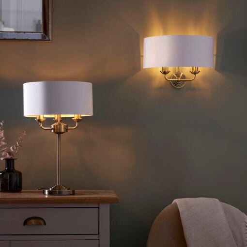 Etta White Fabric And Antique Gold Brass 3 Light Table Lamp