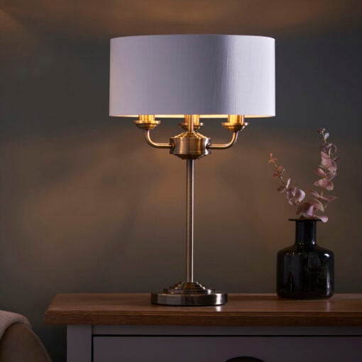 Etta White Fabric And Antique Gold Brass 3 Light Table Lamp