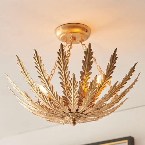 Floral Leaves Gold Metal 3 Light Ceiling Pendant Chandelier 46cm
