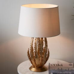 Floral Leaves Gold Metal Table Lamp With White Cotton Shade 55cm