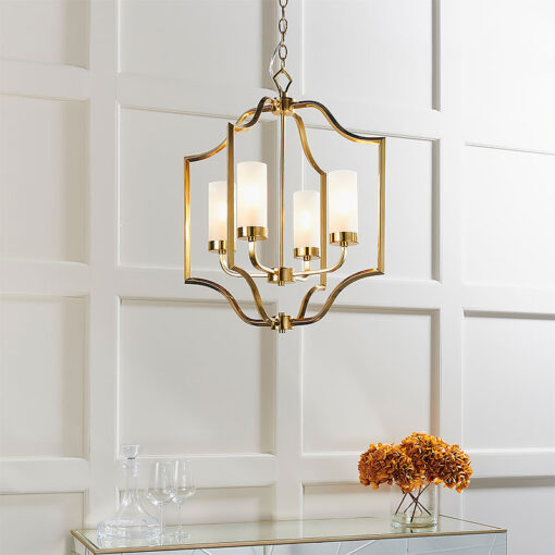 Frosted Glass And Gold Satin Brass 4 Light Ceiling Pendant Chandelier