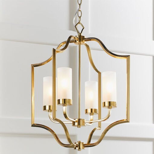 Frosted Glass And Gold Satin Brass 4 Light Ceiling Pendant Chandelier